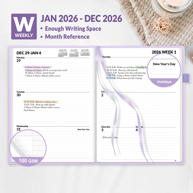 SUNEE 2026 Weekly & Monthly Hardcover Planner 5.5"" x 8.3"" - 12 Month (January 2026 - December 2026), Small Hardcover Planner, Pocket, Notes, 100 GSM Paper, Purple - Image 2